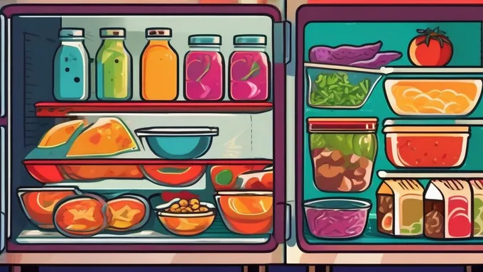 organized dorm mini-fridge with labeled containers of prepped ingredients and quick-cooking foods