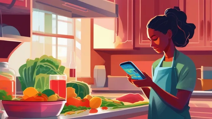 student using a smartphone app to scan a nutrition label while cooking in a small kitchen