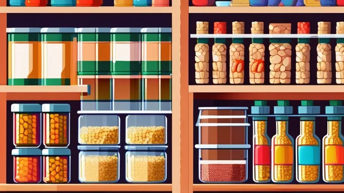 organized pantry shelves with bulk grains rice beans and canned goods