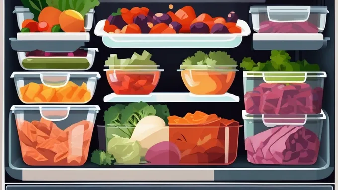organized meal prep containers in a refrigerator showing portioned proteins, vegetables, and healthy snacks