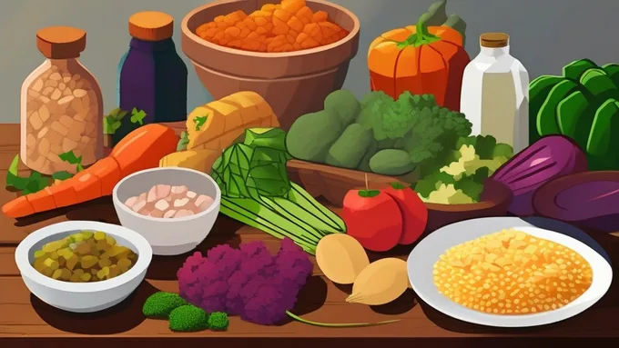 diverse array of nutrient-dense foods including colorful vegetables, lean proteins, and whole grains arranged on a wooden table