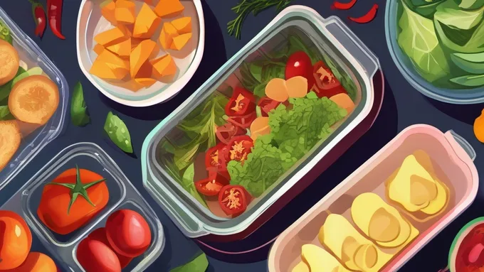 organized kitchen counter with meal prep containers, digital scale, and fresh ingredients arranged for weekly planning