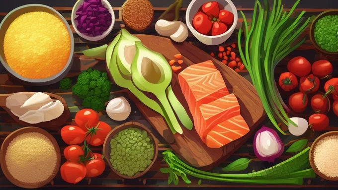 variety of gluten-free ingredients including quinoa, rice, fresh vegetables, and lean proteins arranged on a wooden cutting board