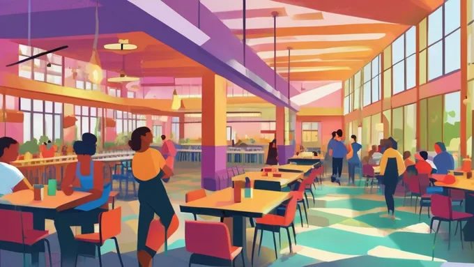 college dining hall with various food stations and students making healthy choices