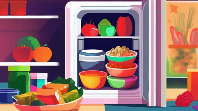 organized dorm room mini-fridge with healthy snacks and meal prep containers