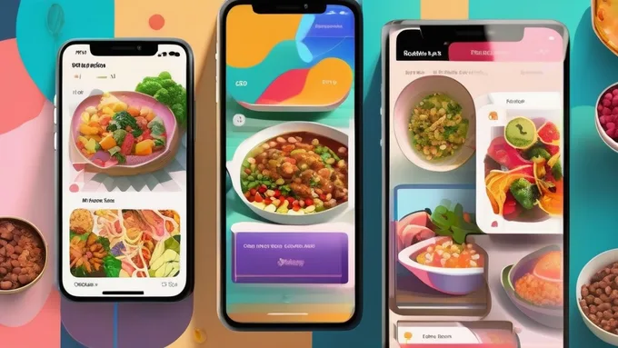 collection of smartphones displaying different meal planning app interfaces with colorful food photos and nutrition charts