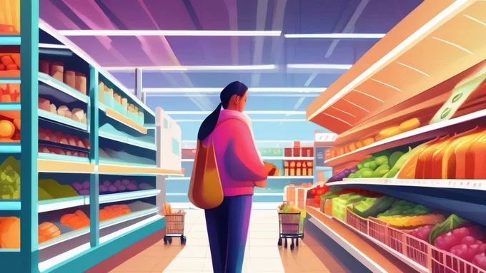 person grocery shopping while using smartphone app to scan product barcodes in bright supermarket aisle