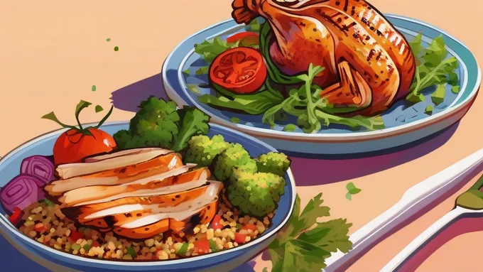 colorful plate with grilled chicken vegetables and quinoa showing balanced nutrition