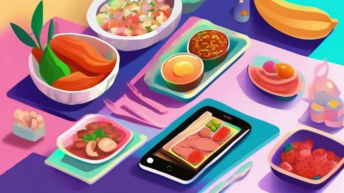 smartphone displaying colorful meal planning app interface next to healthy ingredients and college textbooks on dorm room desk