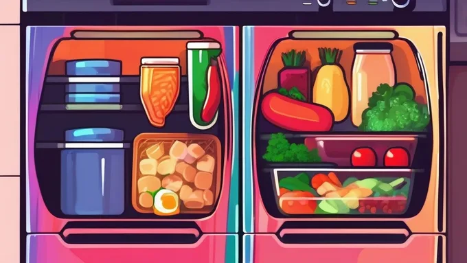 organized meal prep containers in mini fridge with fresh ingredients and smartphone showing nutrition tracking app interface