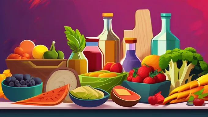 colorful variety of whole foods arranged by macronutrient groups with measuring tools