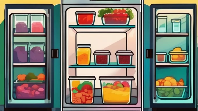 organized refrigerator with labeled glass meal prep containers and fresh ingredients
