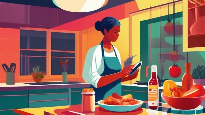 person using smartphone to scan food barcode while preparing healthy meal in modern kitchen