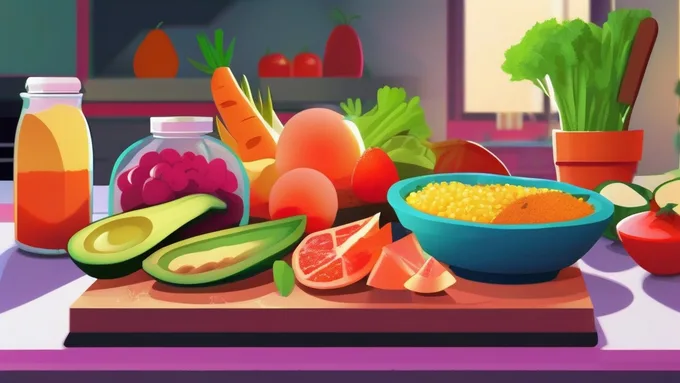 variety of fresh whole foods arranged on cutting board with nutrition tracking app visible on tablet screen