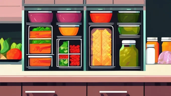 meal prep containers organized in refrigerator with smartphone showing weekly meal plan schedule