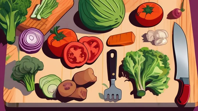 college student chopping vegetables on a cutting board with basic kitchen tools arranged nearby
