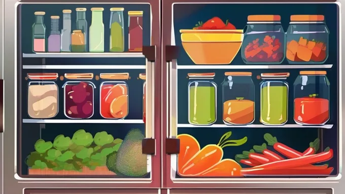 organized refrigerator with labeled glass containers and fresh produce arranged on shelves