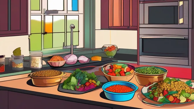 meal prep containers filled with balanced portions of protein, grains, and colorful vegetables arranged on a kitchen counter