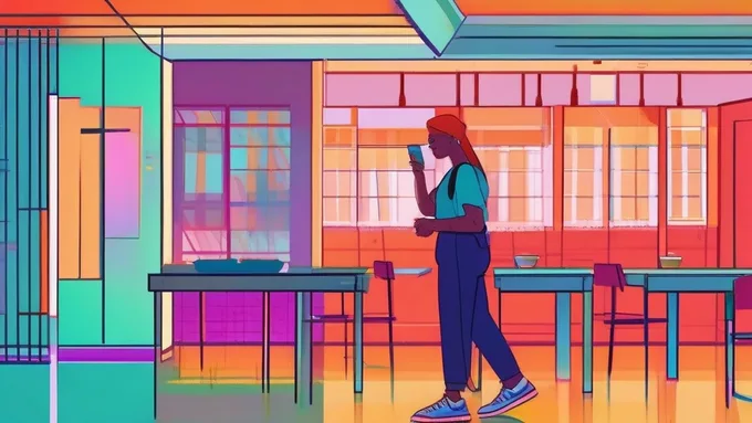 student checking meal plan balance on phone while standing in empty dining hall during off hours