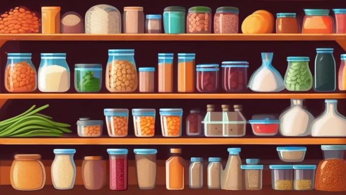 organized pantry shelves with labeled containers of rice beans lentils and basic cooking ingredients