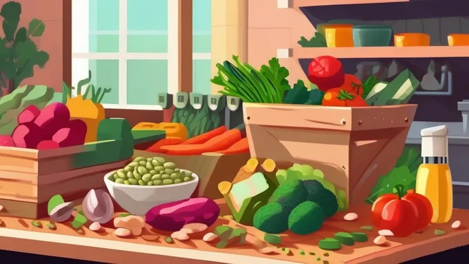 budget-friendly healthy ingredients arranged on wooden cutting board including beans eggs and vegetables