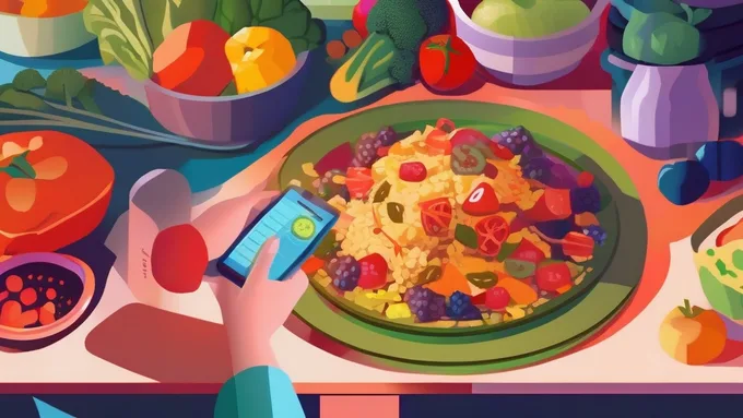 person calculating nutrition needs with smartphone and healthy foods on kitchen counter