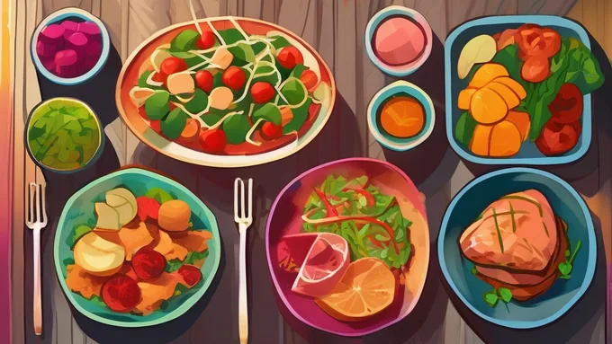 various dietary approach meal examples arranged on wooden table