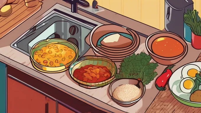 colorful array of budget-friendly ingredients including rice, beans, eggs, and fresh vegetables on apartment counter