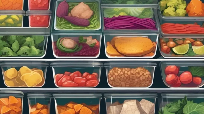 organized meal prep containers with colorful ingredients sorted by type