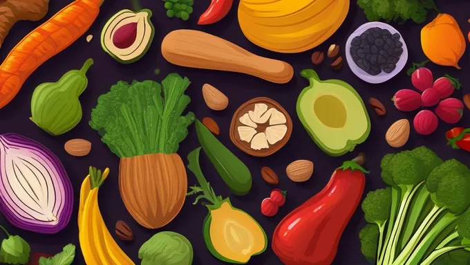 variety of colorful whole foods including vegetables fruits nuts and grains arranged on a wooden table