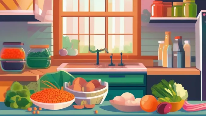 budget-friendly healthy groceries including beans, eggs, frozen vegetables and whole grains arranged on kitchen counter