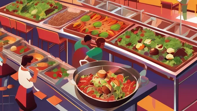 overhead view of dining hall stations showing salad bar, grill area, and hot food line with students selecting items