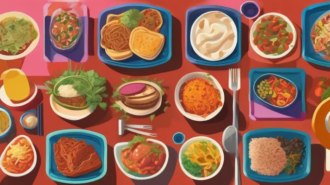 ten different meal combinations arranged on dining hall trays showing the variety possible from basic cafeteria ingredients
