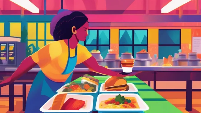 student using smartphone to scan food items at a dining hall checkout with various healthy meal options visible on their tray