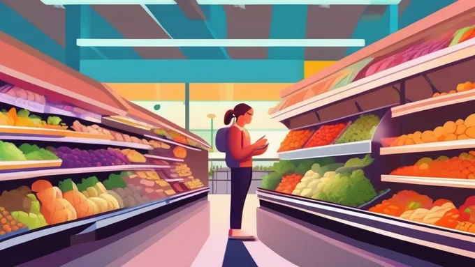 person checking smartphone nutrition app while standing in grocery store produce section