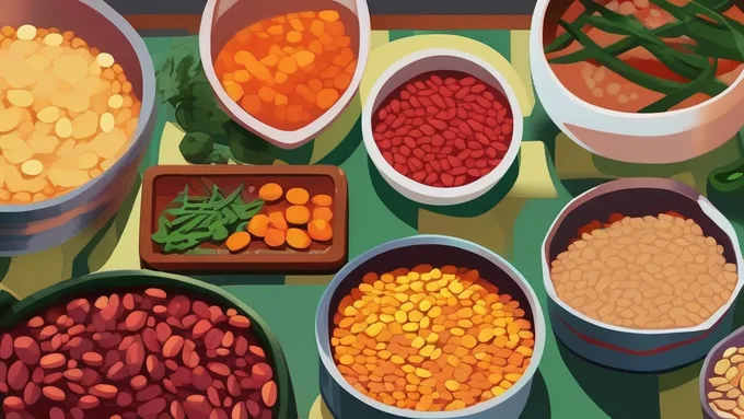 kitchen counter with various healthy ingredients arranged for quick meal assembly including canned beans, fresh vegetables, and whole grains