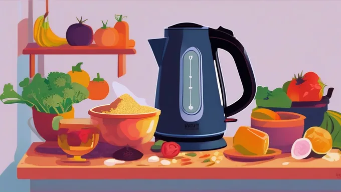 electric kettle surrounded by healthy cooking ingredients like quinoa oats vegetables and measuring cups on a dorm room desk
