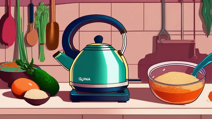 step by step process of cooking quinoa in an electric kettle with ingredients laid out and finished bowl