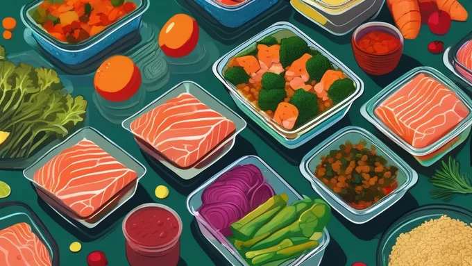 organized meal prep containers showing brain food combinations with salmon, quinoa, and colorful vegetables
