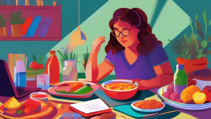 student studying with healthy snacks and water bottle arranged on desk next to textbooks and laptop
