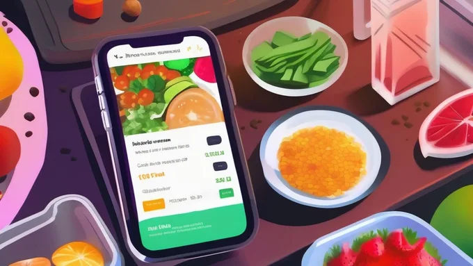 smartphone screen showing nutrition tracking app with macro breakdown next to fresh ingredients and meal prep containers on kitchen counter