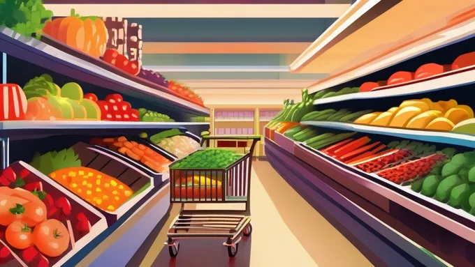 grocery shopping cart filled with fresh produce and whole food ingredients