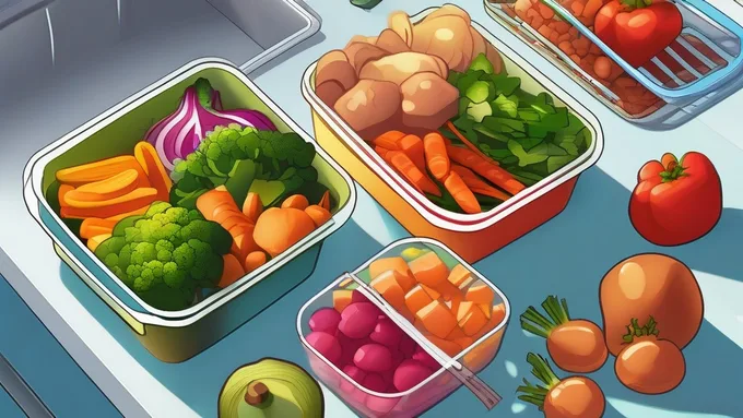 healthy meal prep containers with colorful vegetables and lean proteins arranged on kitchen counter