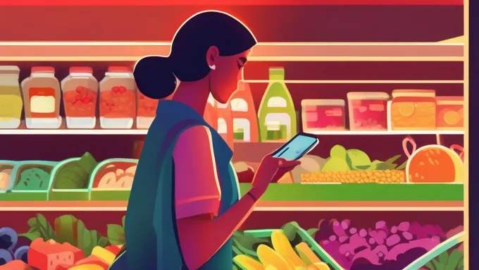 person reading nutrition information on smartphone while grocery shopping