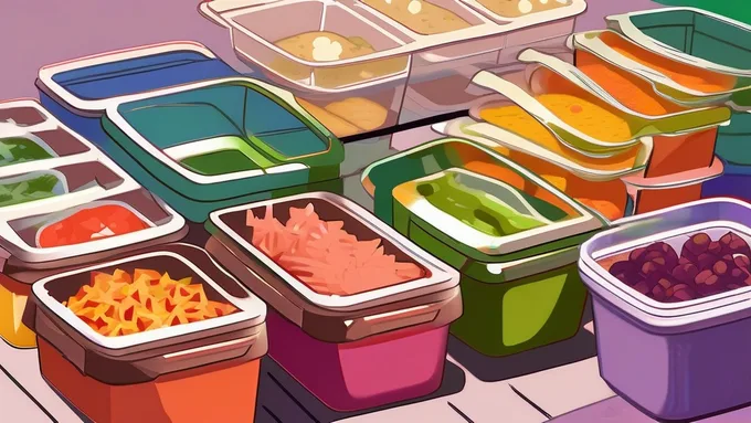 color coded meal prep containers with allergen warning labels and ingredient lists attached