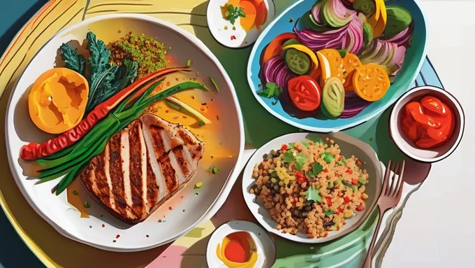 beautifully plated gluten-free dinner with grilled protein, colorful vegetables, and quinoa on a white ceramic plate