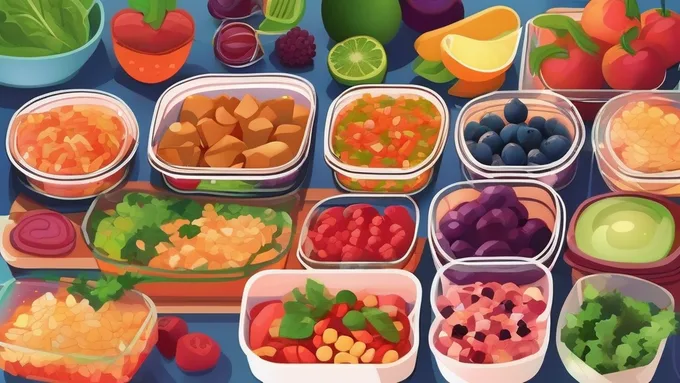 meal prep containers organized by day of the week with colorful healthy foods