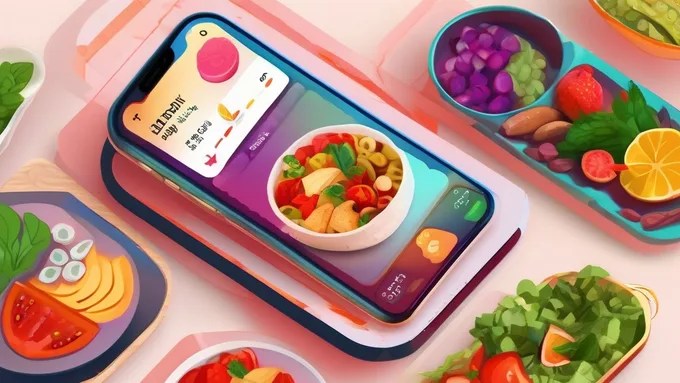 smartphone displaying colorful nutrition tracking app interface with meal photos and charts