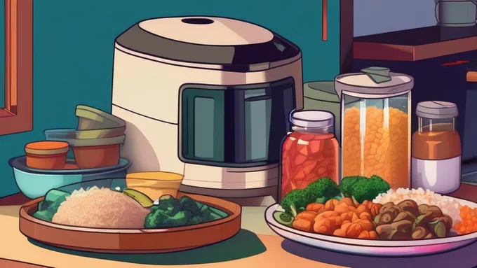 essential meal prep equipment laid out on a small dorm desk including rice cooker and glass containers