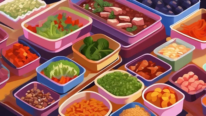 person meal prepping colorful containers with different proteins and vegetables
